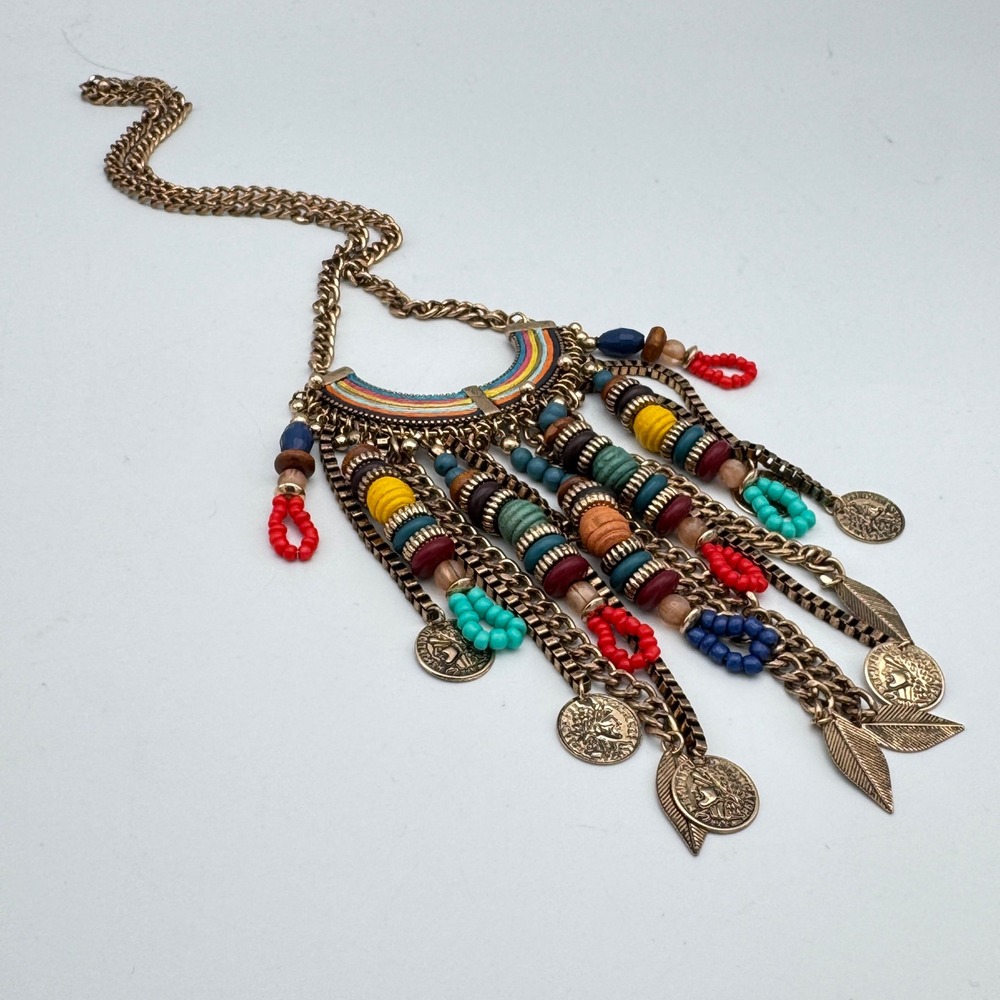 Boutique Boho Statement Bib Necklace Multi Color Bead Coin Leaf Gold Tone OOAK